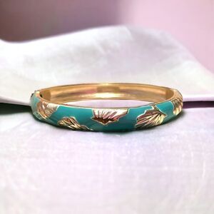 Sequins Light Blue Gold Shell Hinged Clamper Bangle NWT